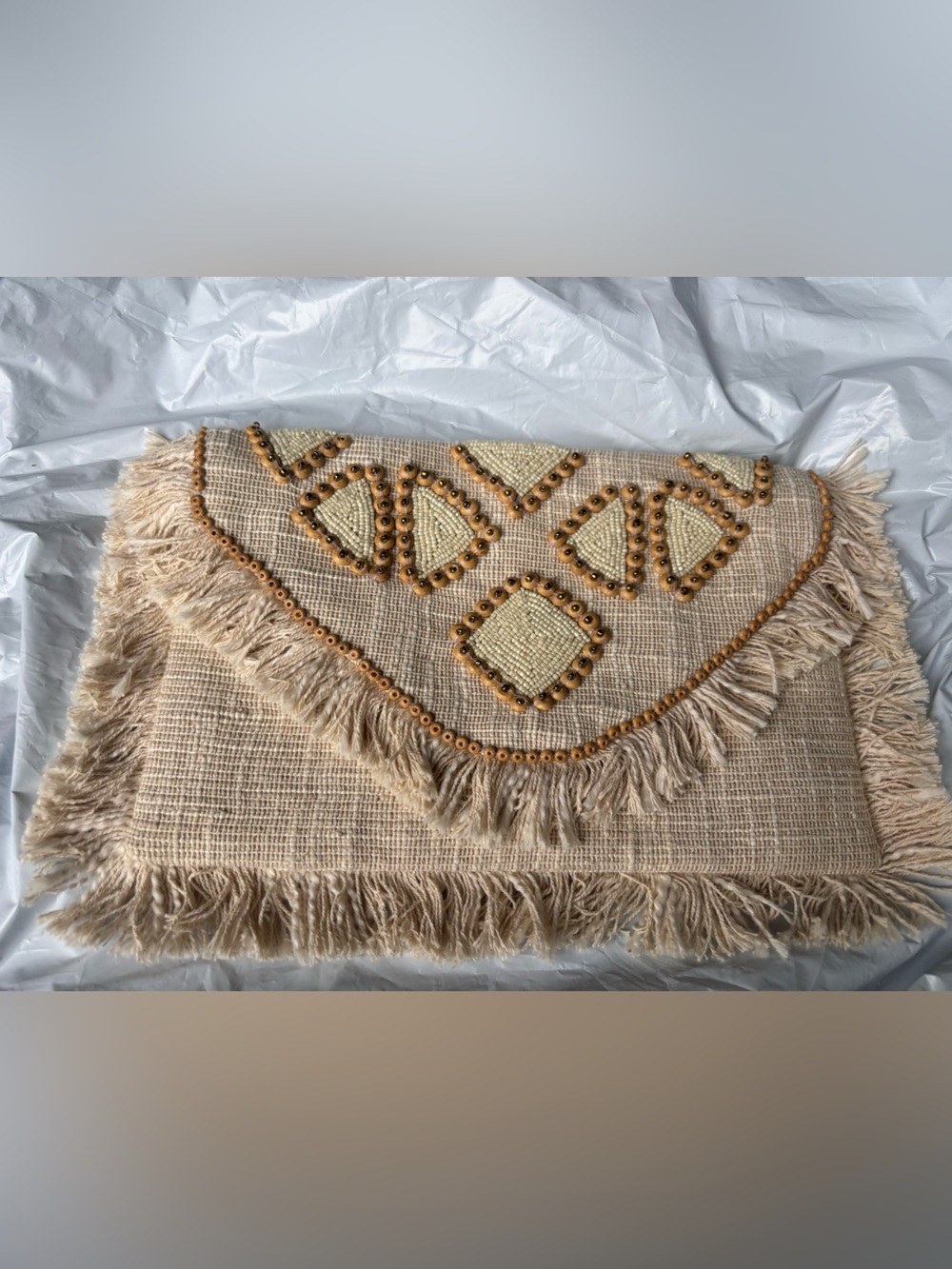 Antik Kraft Jute Beige Beaded Fringe Clutch with Wooden Accent